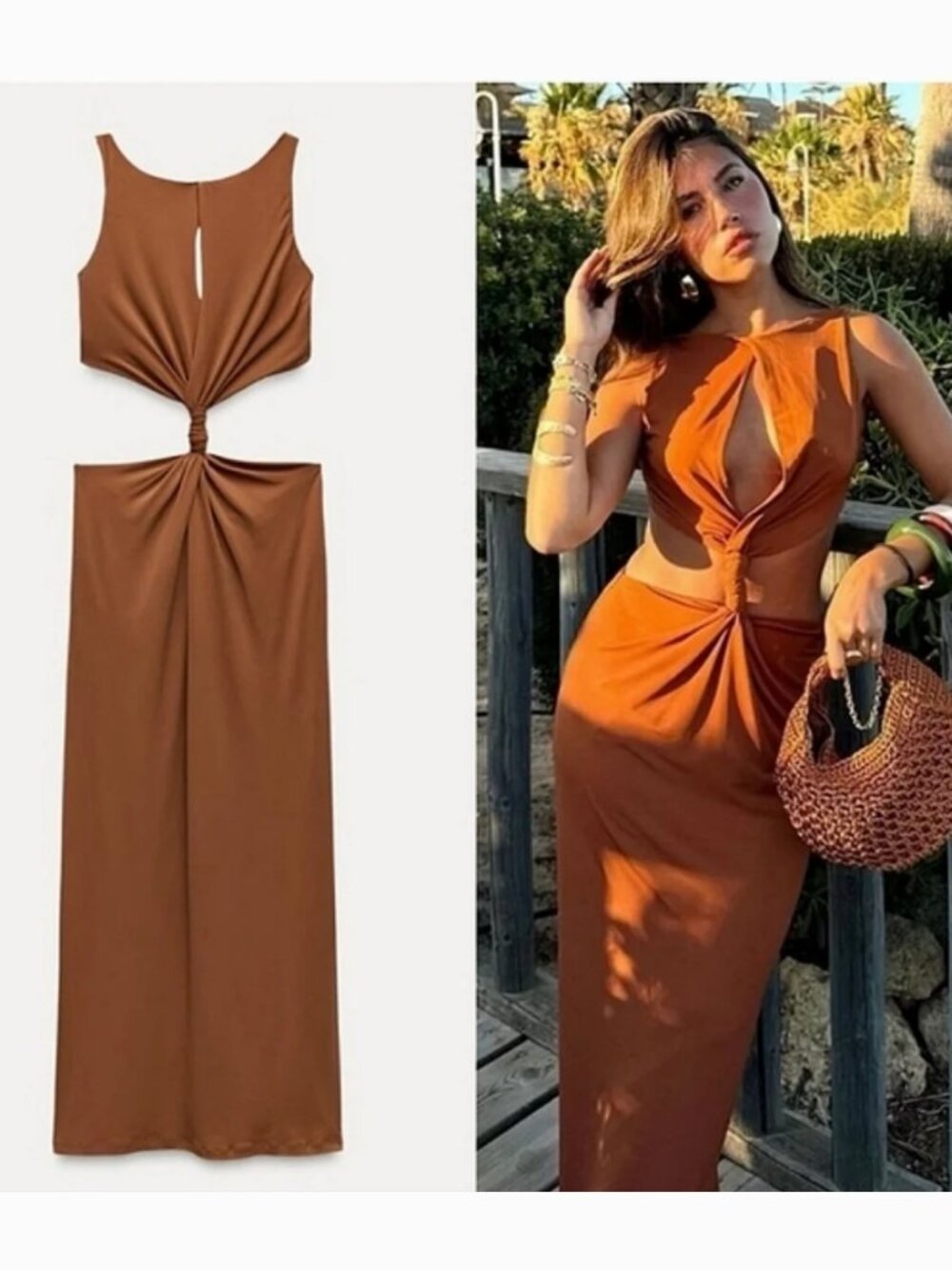 Zara Cut Out Maxi Dress Brown - Picture 3 of 13